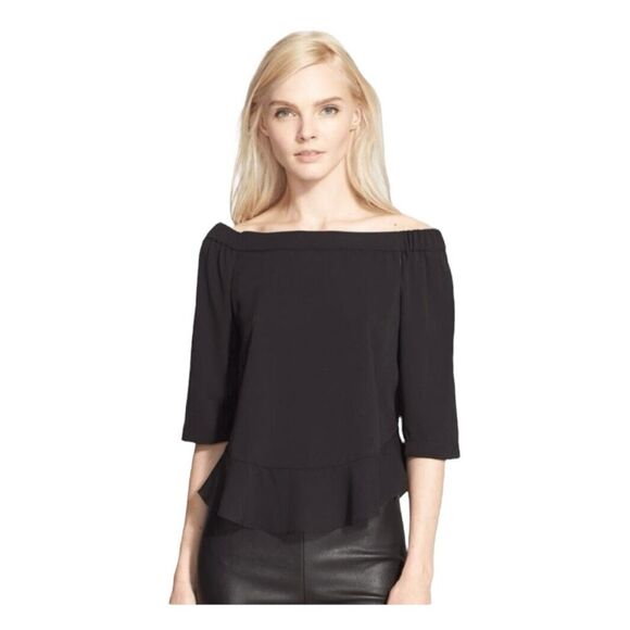 Rebecca Taylor Blouse Black Silk Tiered Off-the-Shoulder Georgette Top Size 2 - Picture 1 of 8
